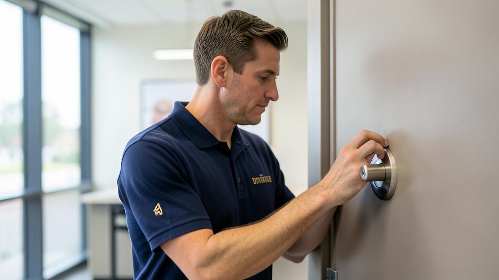 Denver Locksmith technician performing a business lock change in Denver, NC