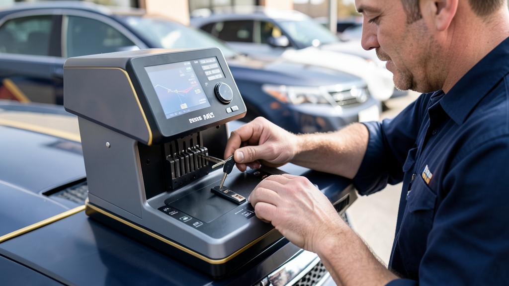 Denver Locksmith technician copying a car key in Denver, NC
