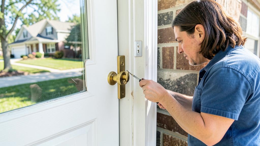 Denver Locksmith technician performing a house lock change on a home in Denver, NC