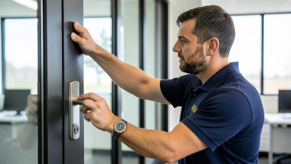 Denver Locksmith technician performing a business lock re-key in Denver, NC